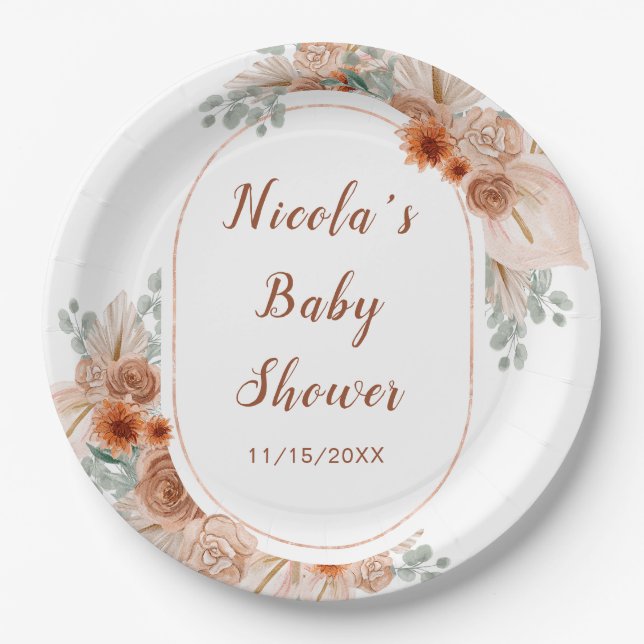 Plato De Papel Boho Terracotta Pampas Grass Baby Shower (Anverso)