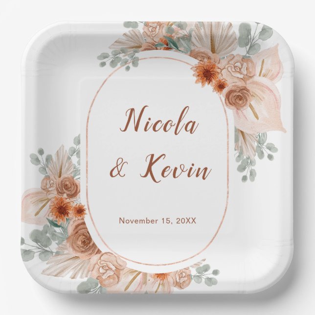 Plato De Papel Boho Terracotta Pampas Grass wedding (Anverso)
