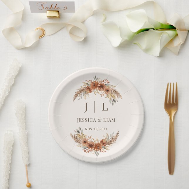 Plato De Papel Boho Terracotta Rust Fall Boda Floral (Boda)
