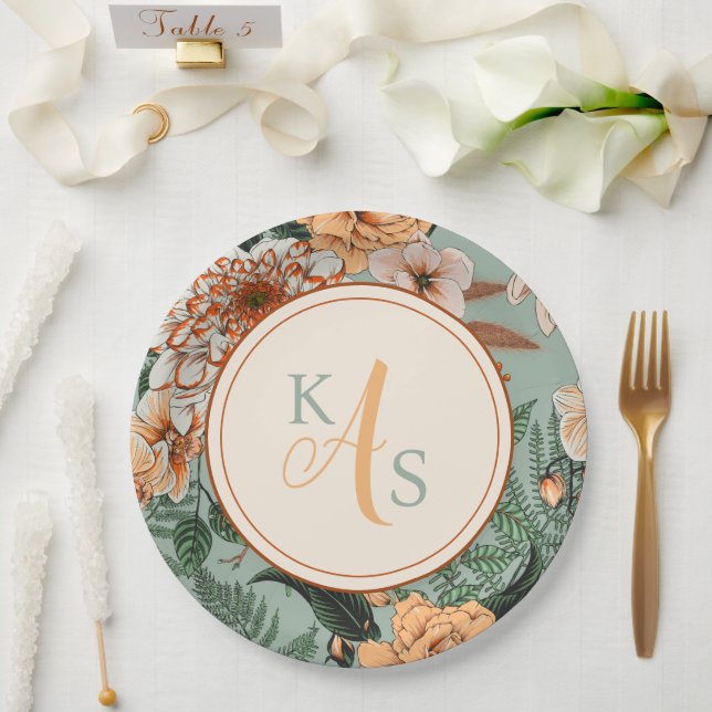 Plato De Papel Boho Terracotta Sage Monograma Fall Wedding (Boda)
