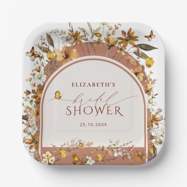 Plato De Papel Boho Terracotta Wildflowers Arch Bridal Shower (Anverso)