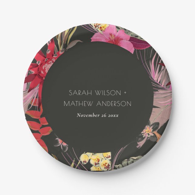 Plato De Papel Boho tropical oscuro Boda floral rojo vivo de Rubo (Anverso)