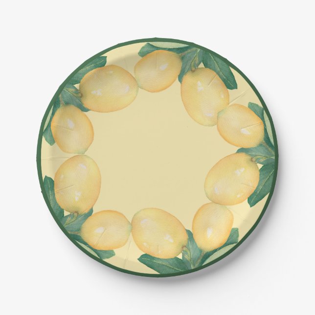 Plato De Papel Boho Watercolor Lemons & Leaves (Anverso)