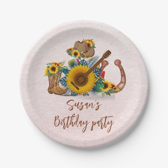 Plato De Papel Boho Western Guitar Sunflowers fiesta de cumpleaño (Anverso)