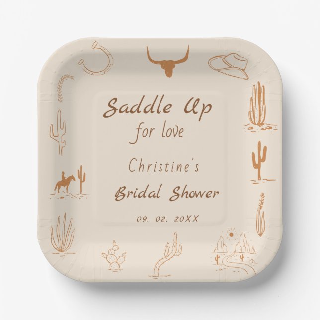 Plato De Papel Boho Western Saddle up Cowboy Bridal (Anverso)
