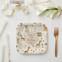 Plato De Papel Boho White Beige Jungle Animales de la Selva Blanc