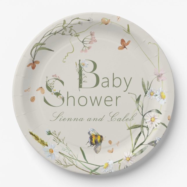 Plato De Papel Boho Wildflower Bee Beige Baby Shower (Anverso)