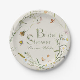 Plato De Papel Boho Wildflower Bee Beige Bridal Shower