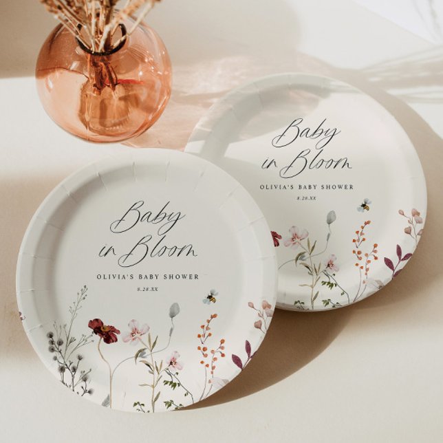 Plato De Papel Boho Wildflower Bees Floral Baby Shower (Boho Wildflower Baby Shower Plates - Wildflowers and Bees - Floral Baby Shower Decor)