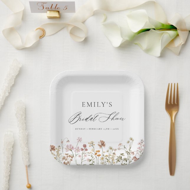Plato De Papel Boho Wildflower Bridal Shower Garden Script (Boda)
