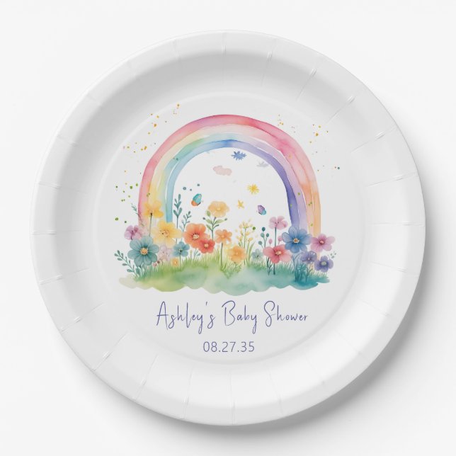 Plato De Papel Boho Wildflower Rainbow Baby Shower (Anverso)