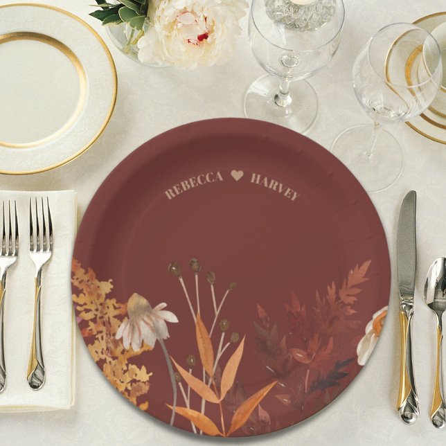 Plato De Papel Boho Wildflower Terracotta Boda otoño otoño (Boho Wildflower Terracotta Autumn Fall Wedding Paper Plates)