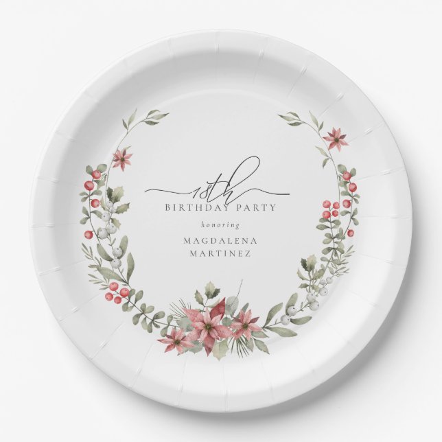 Plato De Papel Boho Winter Greenery Red Floral 18 cumpleaños (Anverso)