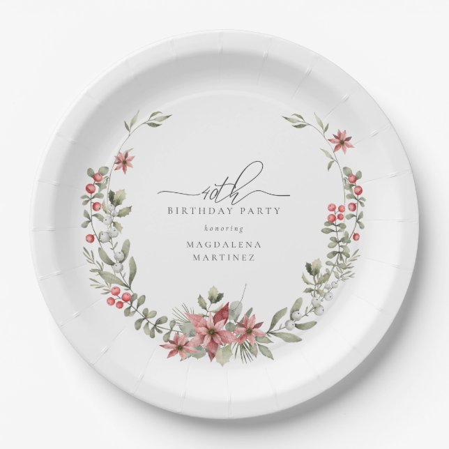 Plato De Papel Boho Winter Greenery Red Floral 40 cumpleaños (Anverso)