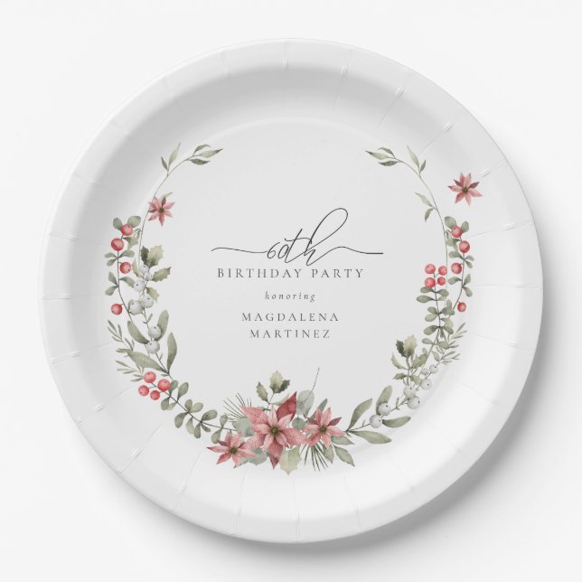Plato De Papel Boho Winter Greenery Red Floral 60 cumpleaños (Anverso)
