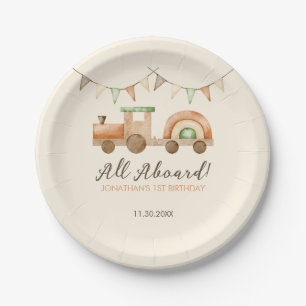 Plato De Papel Boho Wood Train Transport Kids Cumpleaños