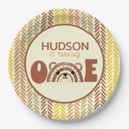 Plato De Papel Boho Woodland Rainbow Bear primer cumpleaños