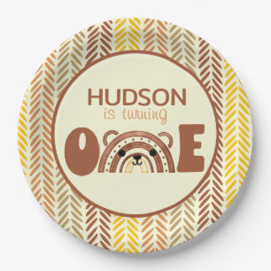 Plato De Papel Boho Woodland Rainbow Bear primer cumpleaños