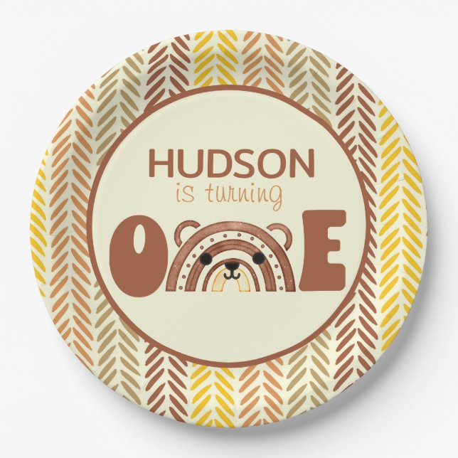 Plato De Papel Boho Woodland Rainbow Bear primer cumpleaños (Anverso)