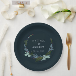 Plato De Papel Boho Wreath sobre el diseño de un Boda azul oscuro