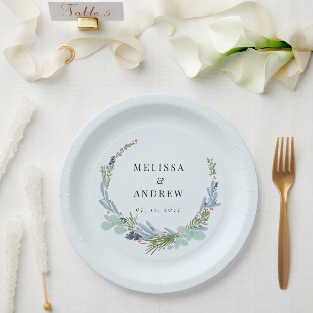 Plato De Papel Boho Wreath sobre el diseño del Boda azul claro (Boda)