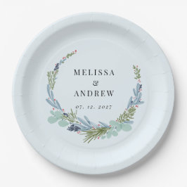 Plato De Papel Boho Wreath sobre el diseño del Boda azul claro