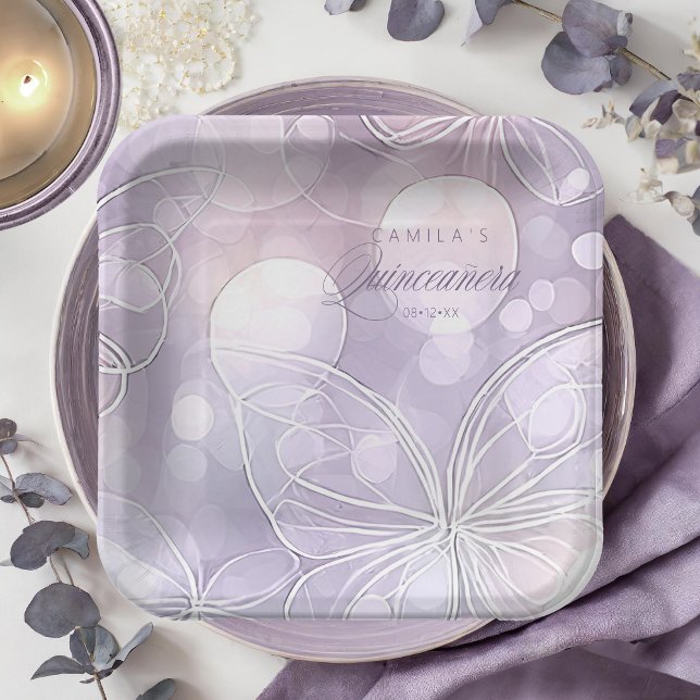 Plato De Papel Bokeh y mariposa Quinceanera Lavender ID1030 (Subido por el creador)