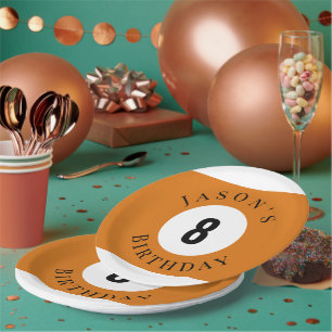 Plato De Papel Bola de Billar Personalizada de Cumpleaños Naranja