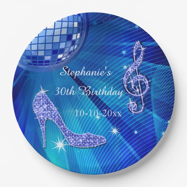Plato De Papel Bola de Disco Azul y Tacones Cumpleaños 30 (Anverso)