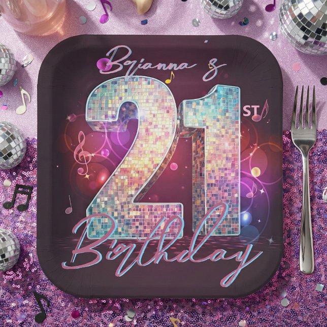 Plato De Papel Bola de Disco Notas Musicales Rosa Cumpleaños 21 (Subido por el creador)