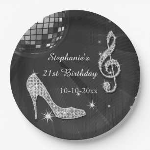 Plato De Papel Bola de discoteca negra/de plata y cumpleaños de
