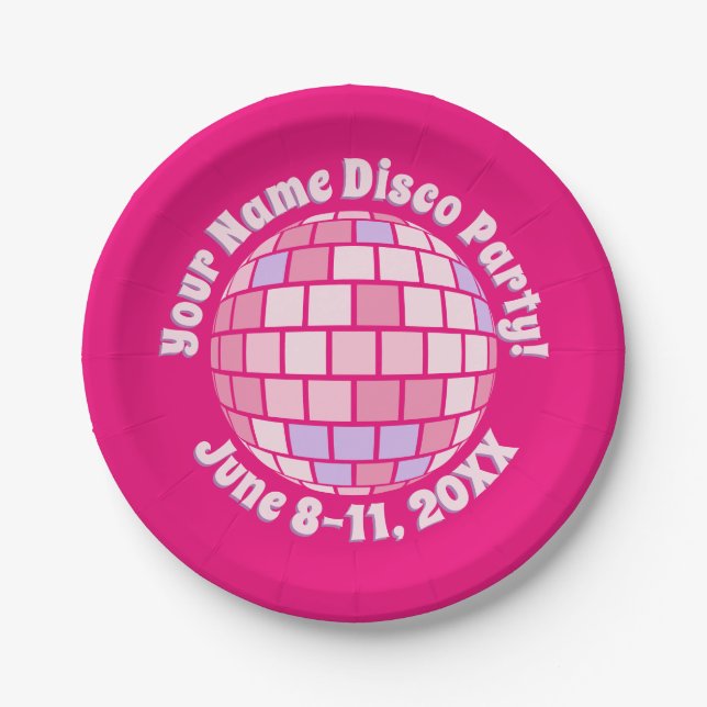 Plato De Papel Bola de discoteca rosa retro PERSONALIZADA (Anverso)