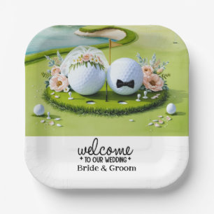 Plato De Papel Bola de golf Novia & Groom Bienvenidos a nuestro B