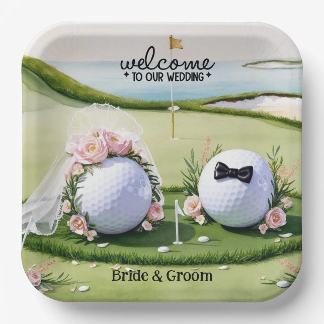 Plato De Papel Bola de golf Novia & Groom Bienvenidos a nuestro B (Anverso)
