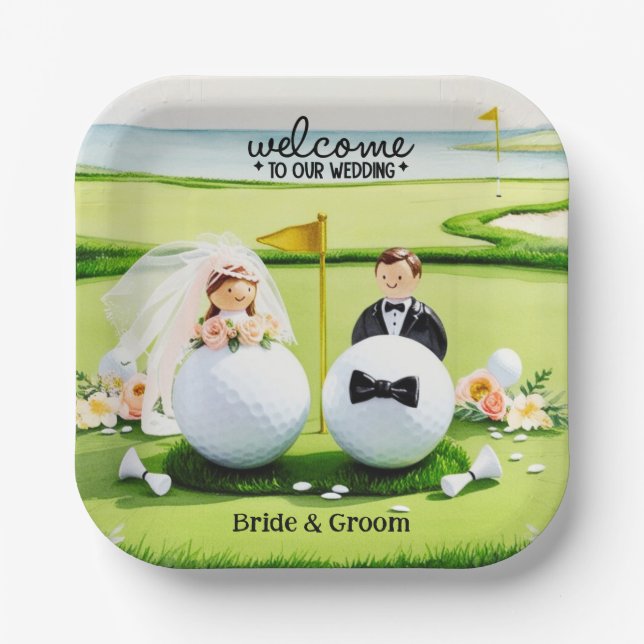 Plato De Papel Bola de golf Novia & Groom Bienvenidos a nuestro B (Anverso)