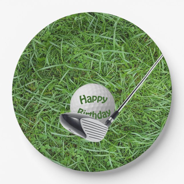 Plato De Papel Bola de golf y club de cumpleaños (Anverso)