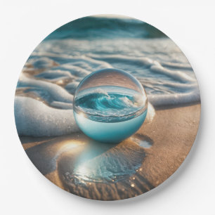 Plato De Papel Bola de lentes de playa con olas oceánicas