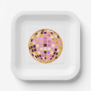 Plato De Papel Bola Disco Moderna Gold Purple Retro