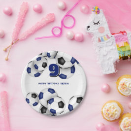 Plato De Papel bolas azules de fútbol negro niños fiesta de cumpl