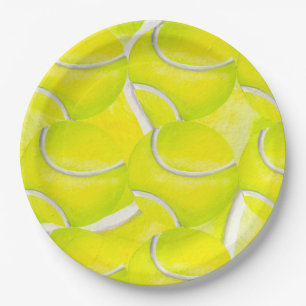 Plato De Papel Bolas de tenis con fondo amarillo para fiesta