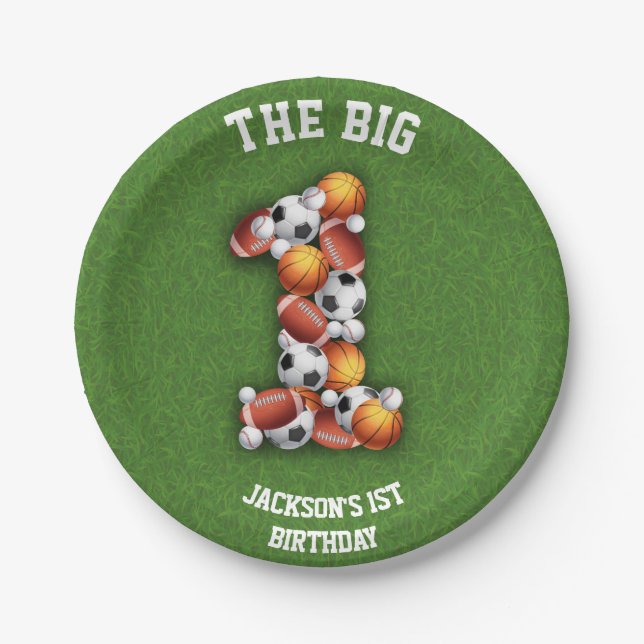 Plato De Papel Bolas temáticas deportivas Fiesta de cumpleaños 1 (Anverso)