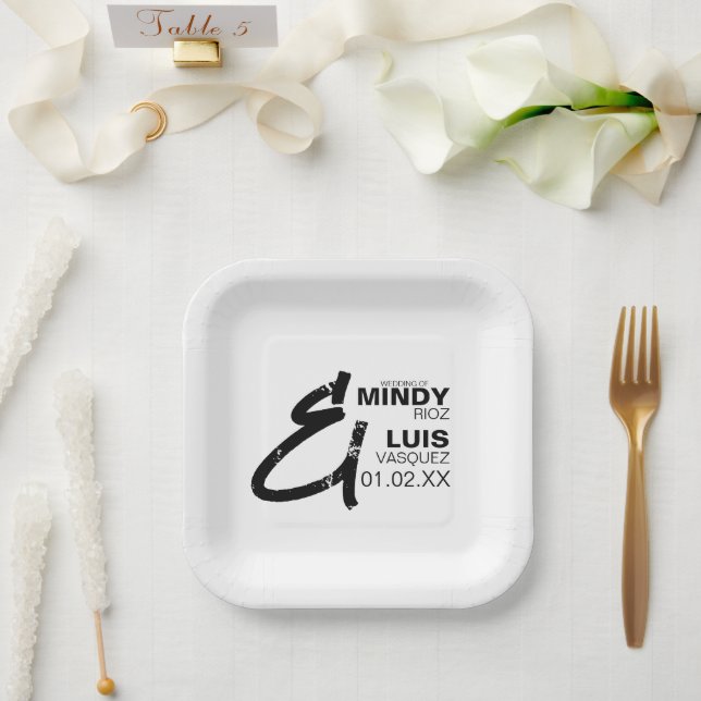 Plato De Papel BOLD AMPERSAND Grunge Black White Boda (Boda)