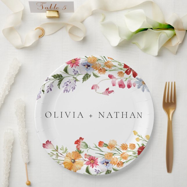 Plato De Papel Bold Colorful Watercolor Wildflowers Wedding (Boda)