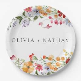 Plato De Papel Bold Colorful Watercolor Wildflowers Wedding