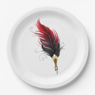 Plato De Papel Bolígrafo pluma roja con plumilla dorada
