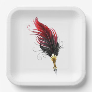 Plato De Papel Bolígrafo pluma roja con plumilla dorada