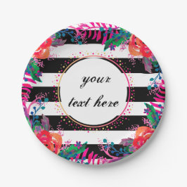 Plato De Papel bollos florales personalizados y rayas negras