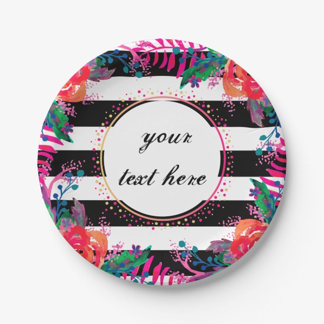 Plato De Papel bollos florales personalizados y rayas negras (Anverso)
