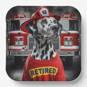 Plato De Papel Bombero Dálmata con Camiseta de Jubilado