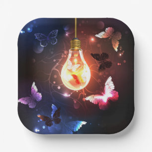 Plato De Papel Bombilla brillante con mariposas nocturnas